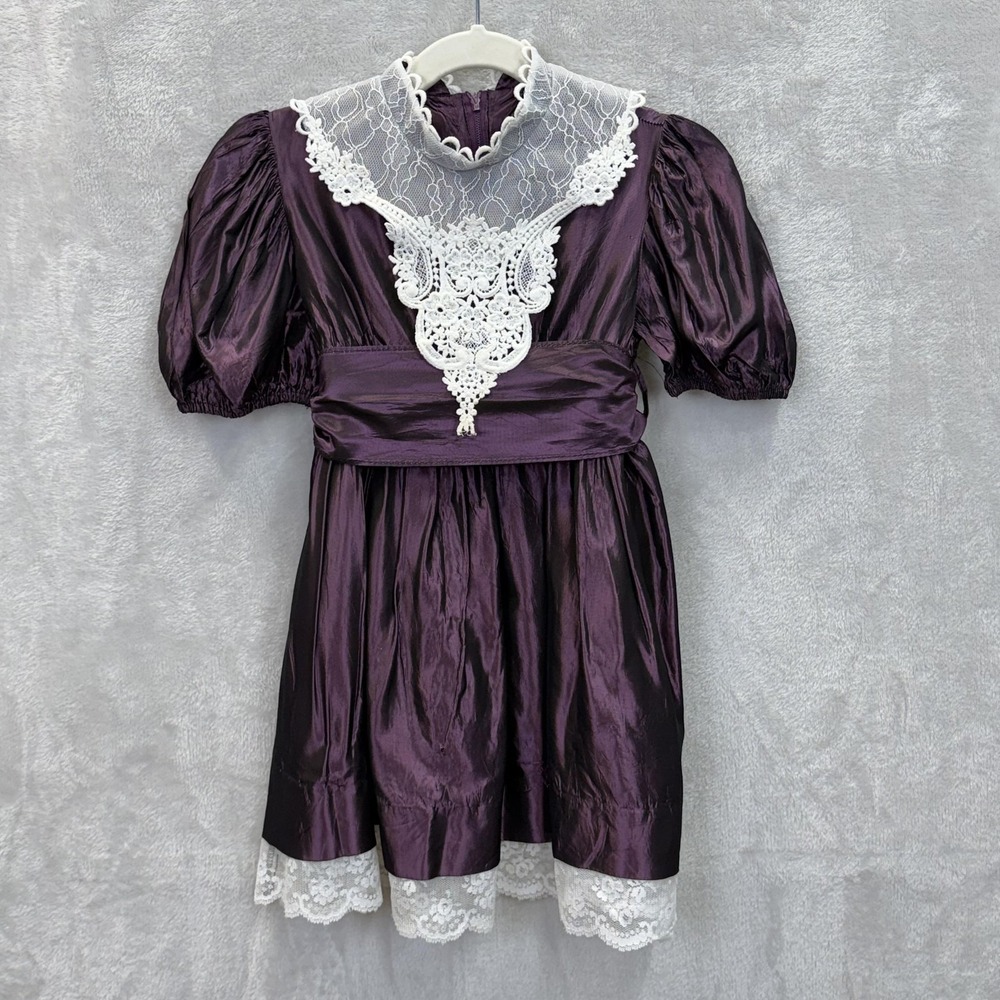 VTG Bonnie Jean Dress Girls 5 Purple Taffeta Fit & Flare High Neck Lace Trim USA